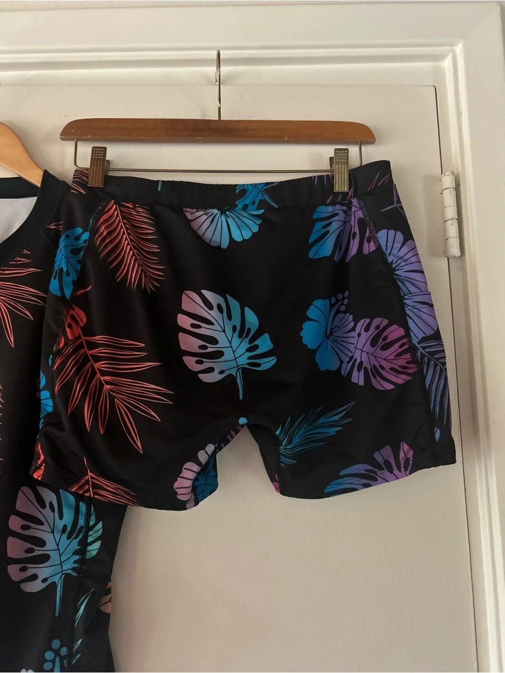 Women’s Non Binary Tomboy X Tropical Print Swim Set - Black with Red Pink Leaves